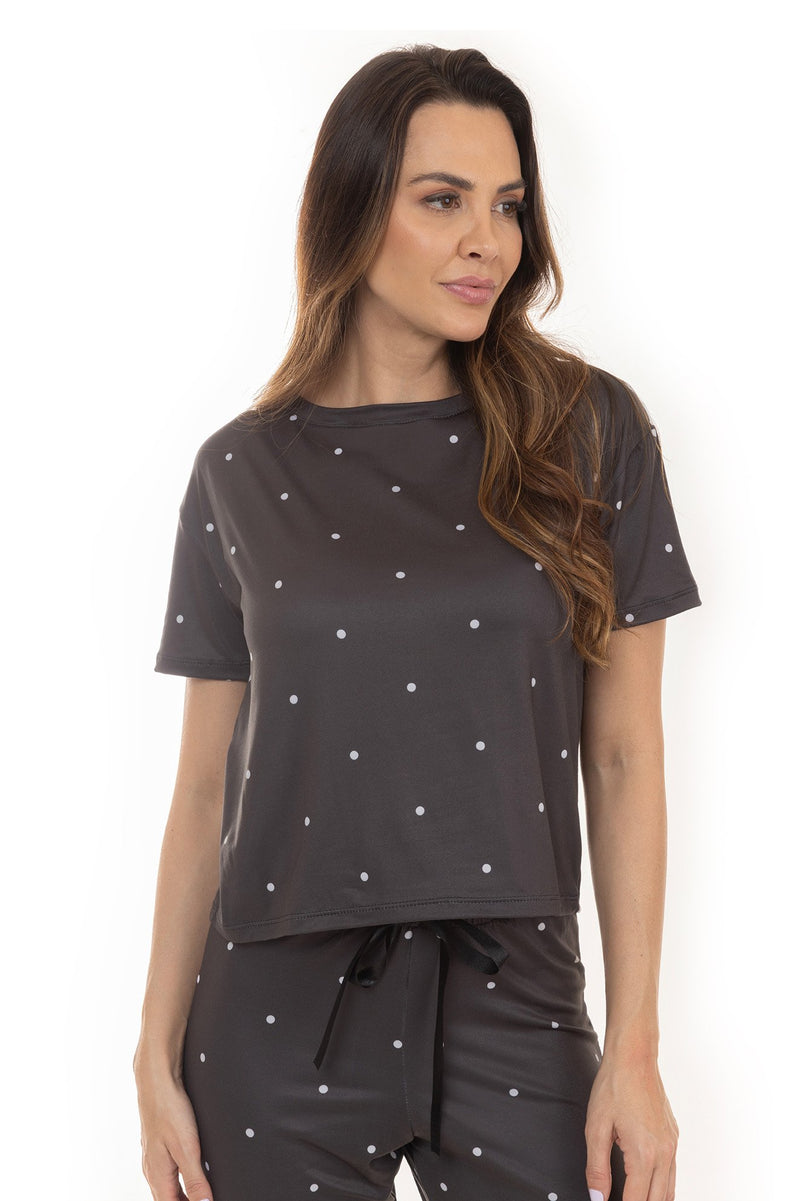 Kit Pijamas de Verão Adulto Feminino - Poá Preto (4 Peças)