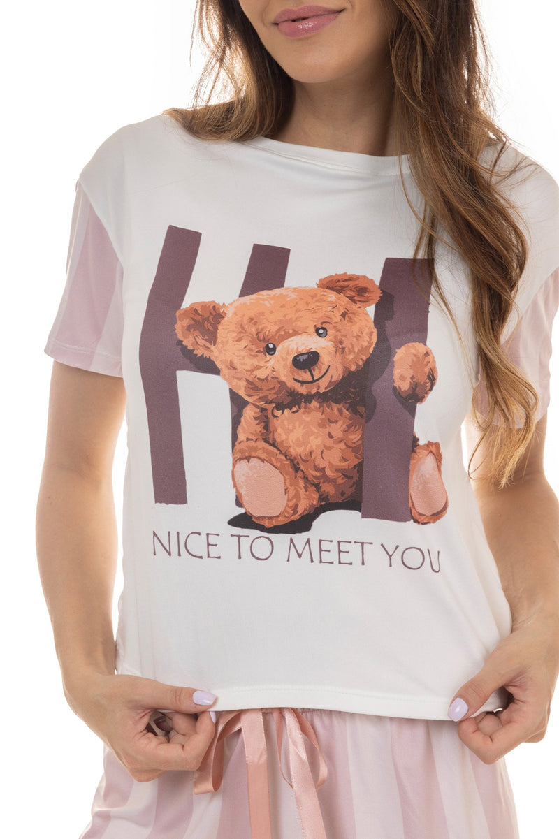 Pijama de Verão Adulto Feminino - Listrado Rosa Teddy