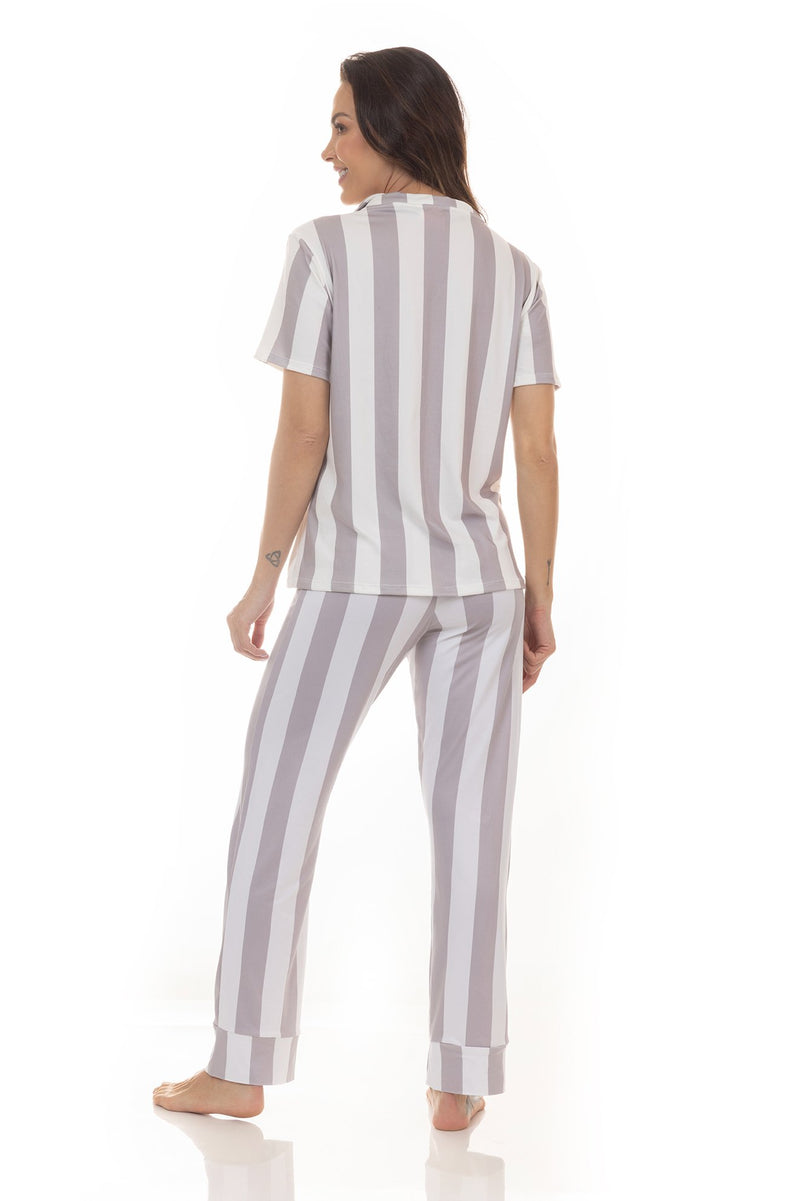 Kit Pijamas de Verão Adulto Feminino - Listrado Cinza (3 Peças)