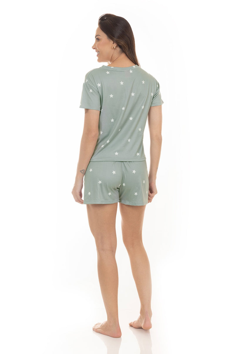 Pijama de Verão Adulto Feminino - Estrelas Verde