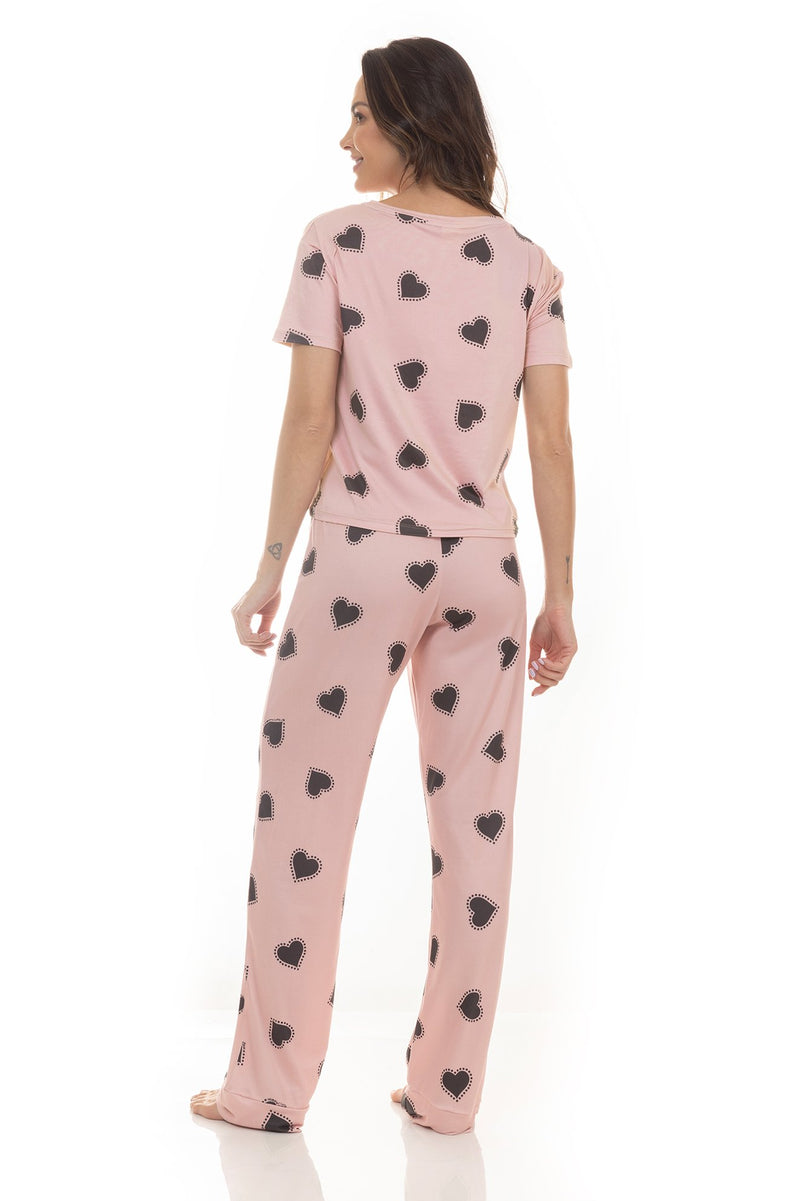 Kit Pijamas de Verão Adulto Feminino - Corações Rosê (4 Peças)